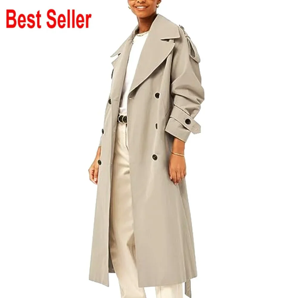 Oversized Long Trench Coat Double Breasted Lapel Windproof Overcoat with Belt - Picture 2 of 7